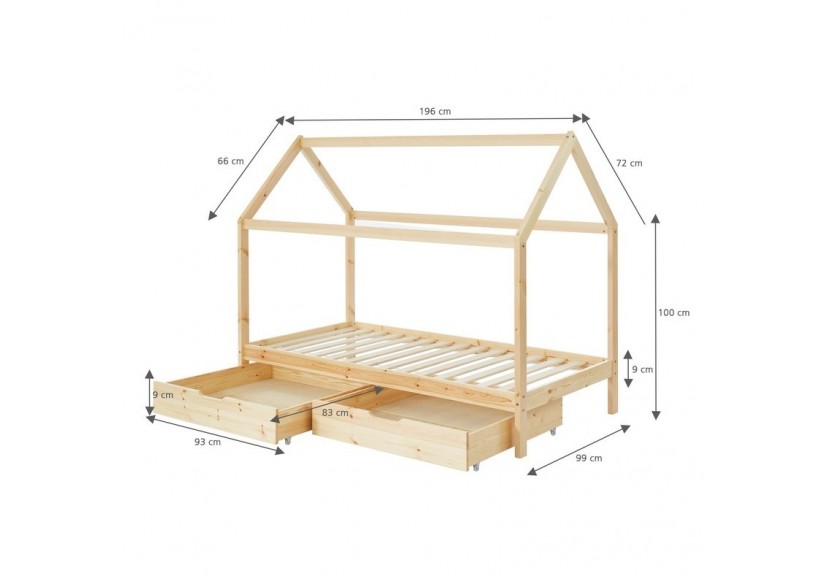 Lit cabane avec tiroirs TINY pin naturel 90x190 sommier inclus