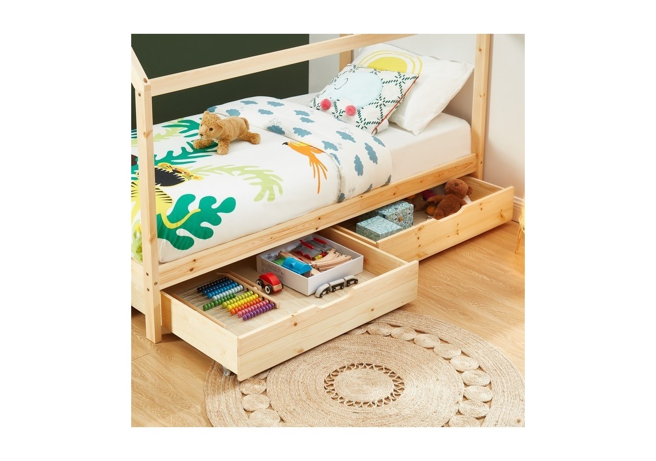 Lit cabane avec tiroirs TINY pin naturel 90x190 sommier inclus
