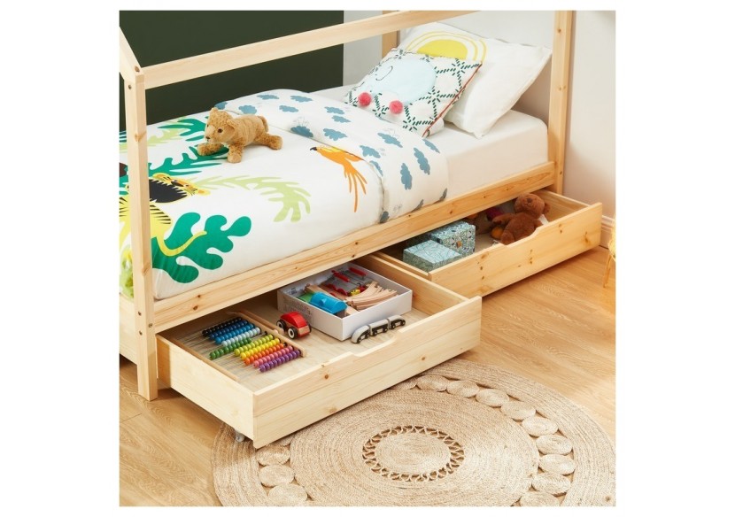 Lit cabane avec tiroirs TINY pin naturel 90x190 sommier inclus