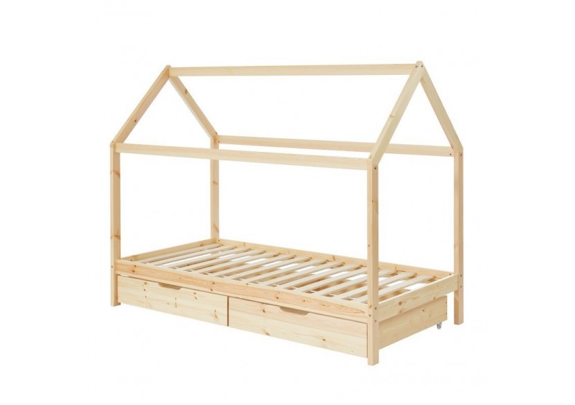 Lit cabane avec tiroirs TINY pin naturel 90x190 sommier inclus