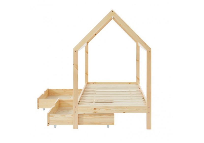 Lit cabane avec tiroirs TINY pin naturel 90x190 sommier inclus