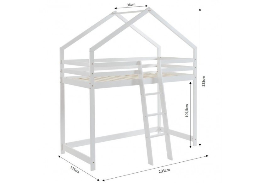 Lit mezzanine TINY pin blanc 90x190 sommier inclus