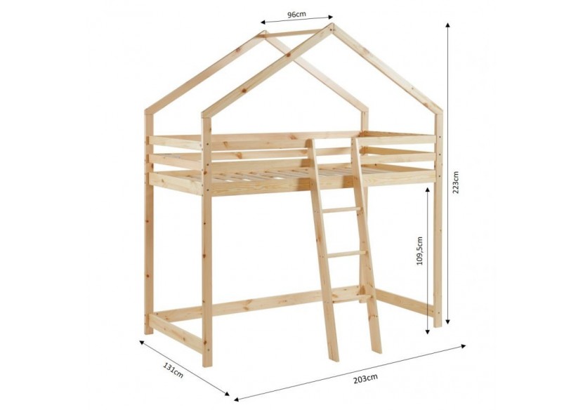 Lit mezzanine TINY pin naturel 90x190 sommier inclus