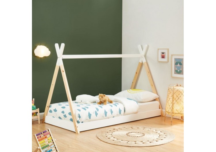 Lit enfant tipi TINY pin blanc 90x190 sommier inclus 2
