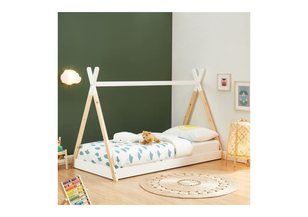 Lit enfant tipi TINY pin blanc 90x190 sommier inclus