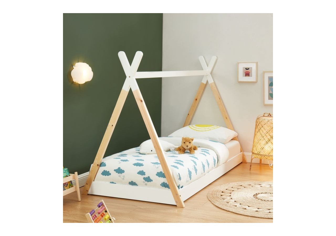 Lit enfant tipi TINY pin blanc 90x190 sommier inclus