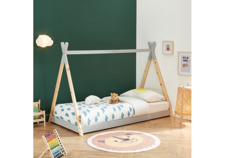 Lit enfant tipi TINY pin gris 90x190 sommier inclus 2