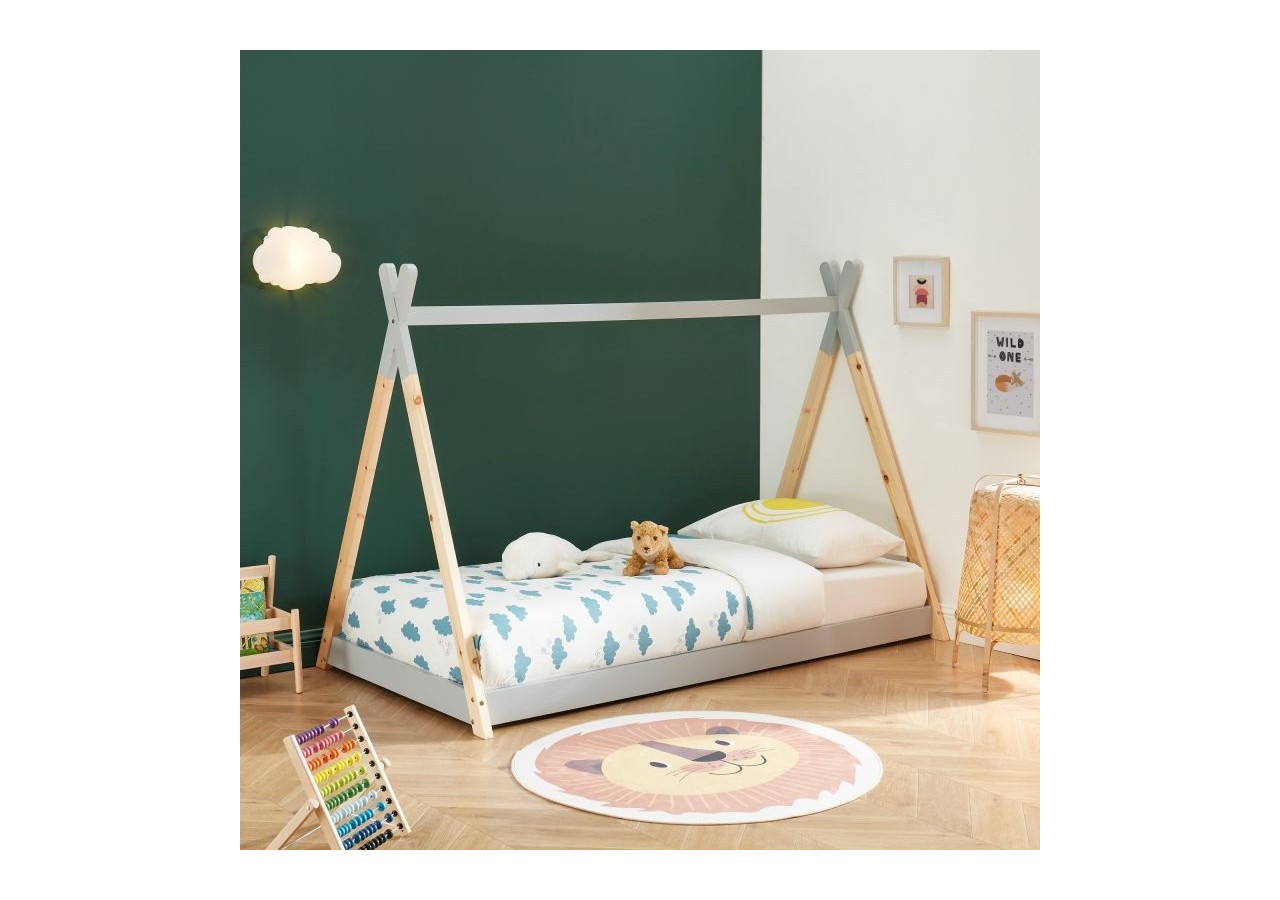 Lit enfant tipi TINY pin gris 90x190 sommier inclus