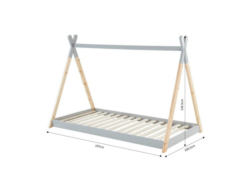 Lit enfant tipi TINY pin gris 90x190 sommier inclus