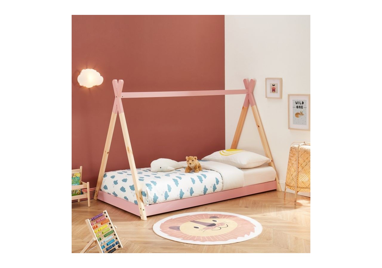 Lit enfant tipi TINY pin rose 90x190 sommier inclus