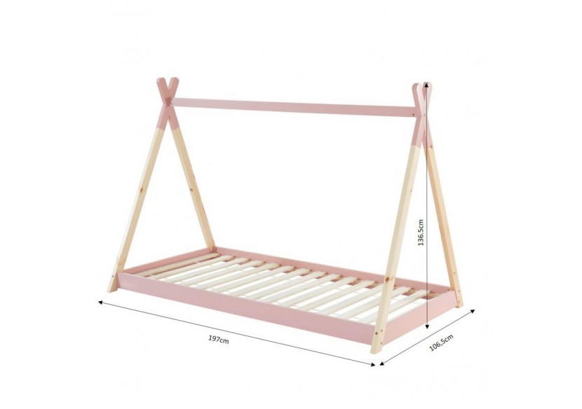 Lit enfant tipi TINY pin rose 90x190 sommier inclus