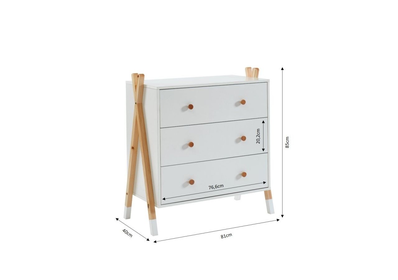 Commode TIPI blanc 3 tiroirs 81cm