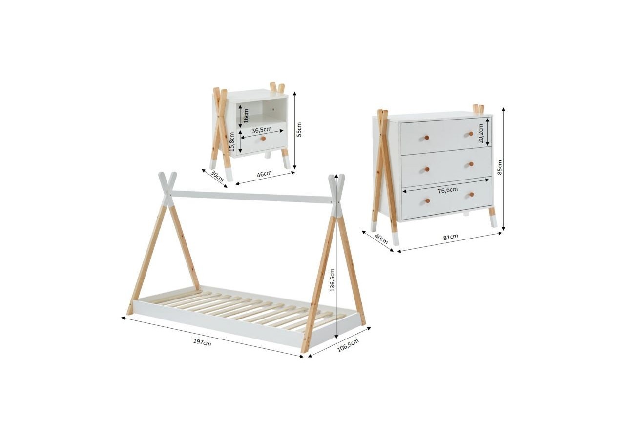 Ensemble chambre enfant TIPI blanc lit chevet et commode