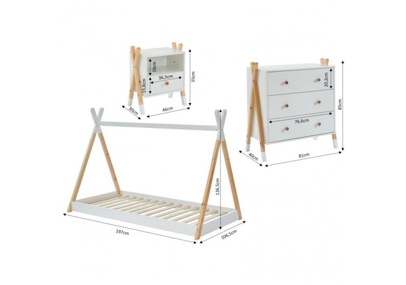 Ensemble chambre enfant TIPI blanc lit chevet et commode