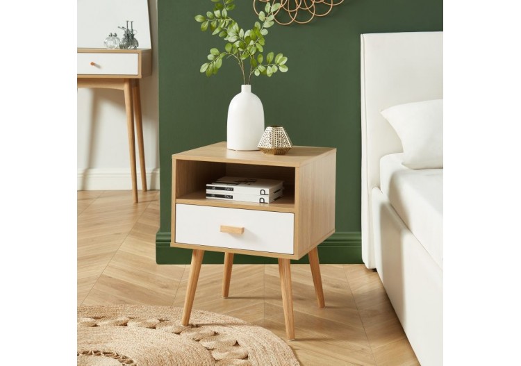 Table de chevet ULOS blanc et effet chêne 1 tiroir 40cm 2