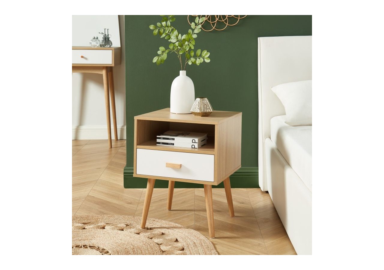 Table de chevet ULOS blanc et effet chêne 1 tiroir 40cm