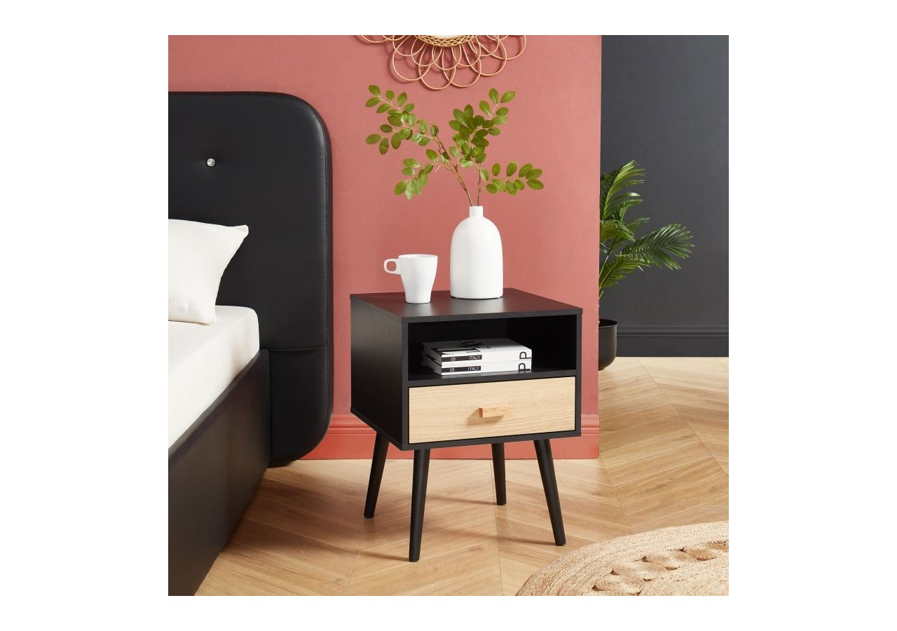 Table de chevet ULOS noir et effet chêne 1 tiroir 40cm