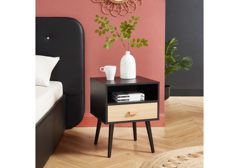 Table de chevet ULOS noir et effet chêne 1 tiroir 40cm