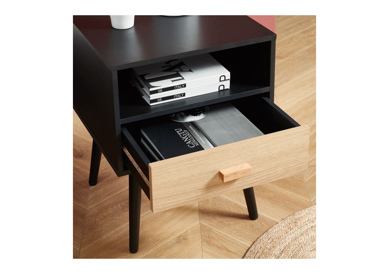 Table de chevet ULOS noir et effet chêne 1 tiroir 40cm