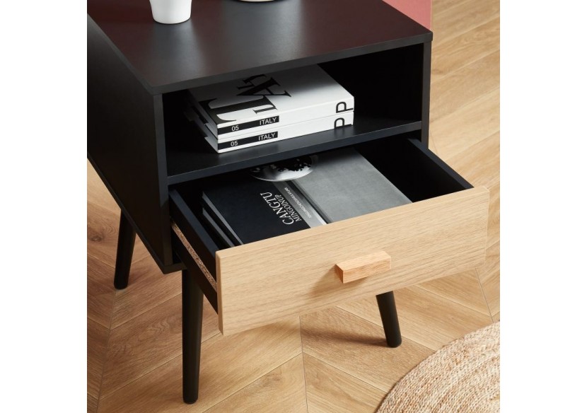 Table de chevet ULOS noir et effet chêne 1 tiroir 40cm