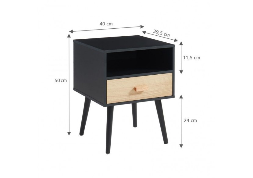 Table de chevet ULOS noir et effet chêne 1 tiroir 40cm