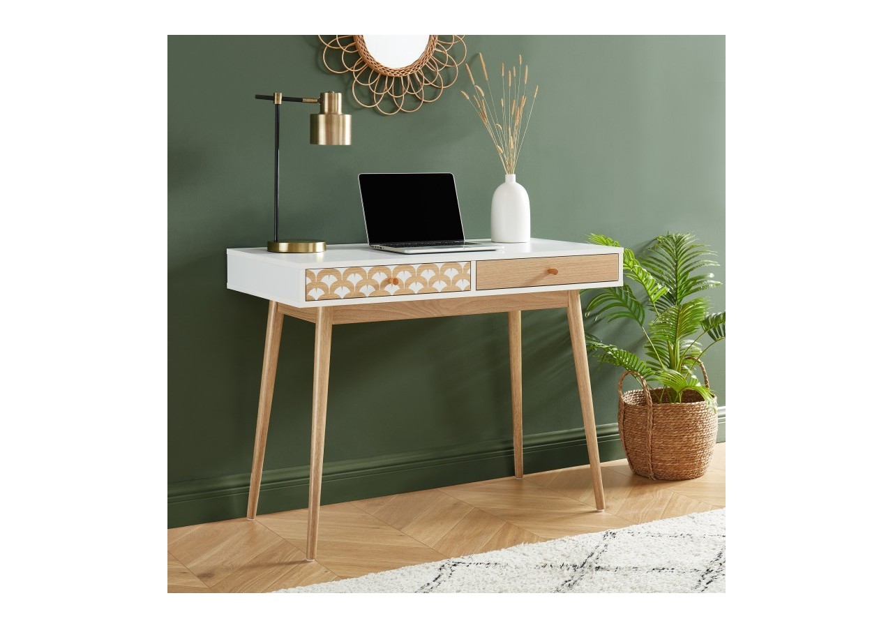 Bureau UTAH blanc et effet chêne 2 tiroirs 100cm