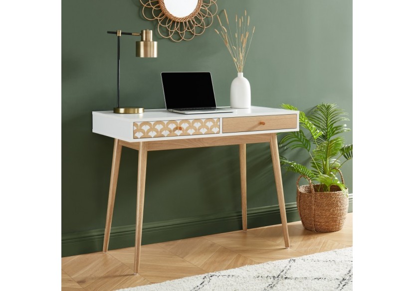 Bureau UTAH blanc et effet chêne 2 tiroirs 100cm