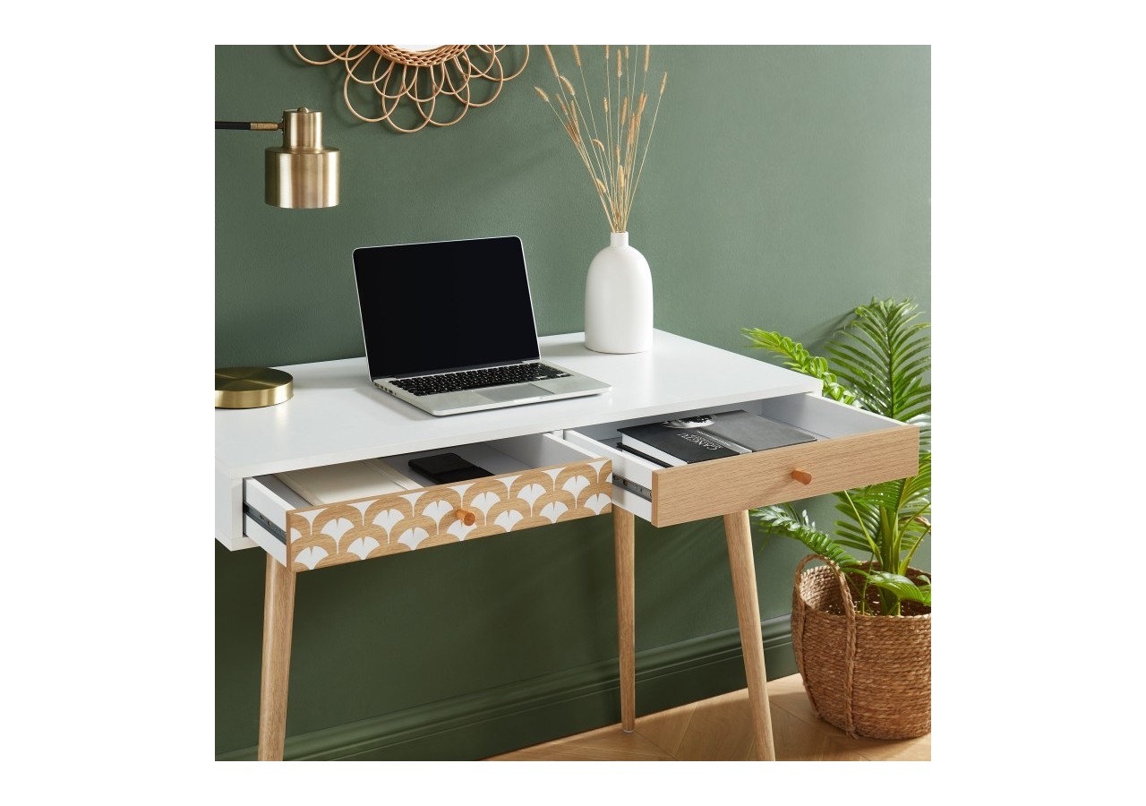Bureau UTAH blanc et effet chêne 2 tiroirs 100cm