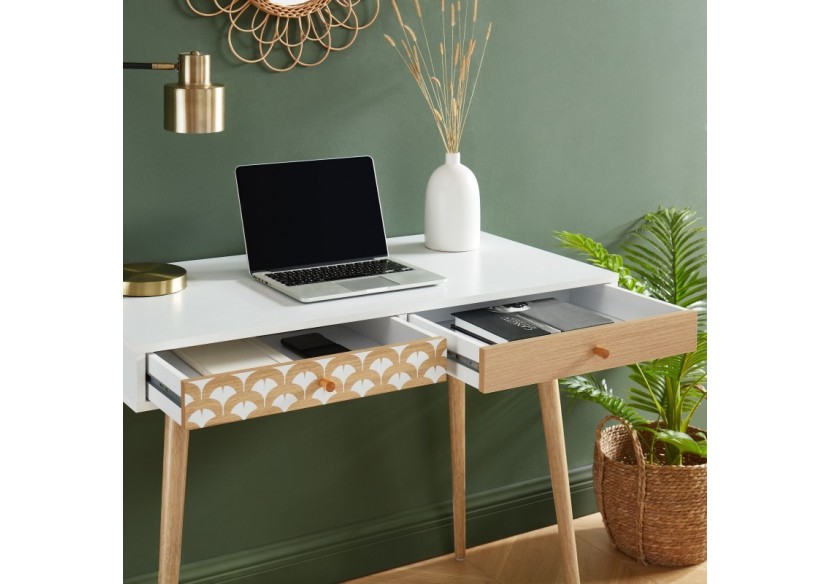 Bureau UTAH blanc et effet chêne 2 tiroirs 100cm