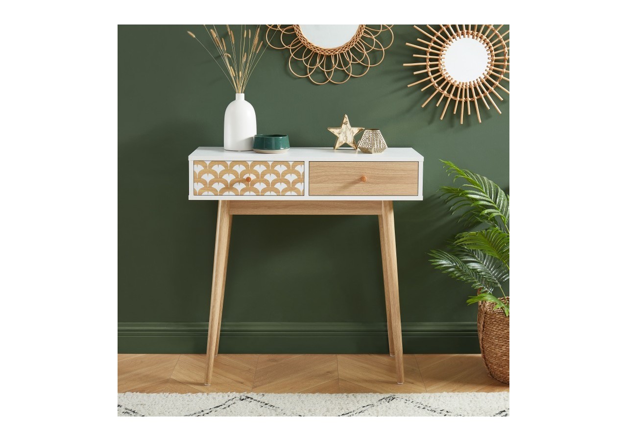Console UTAH blanc et effet chêne 2 tiroirs 80cm