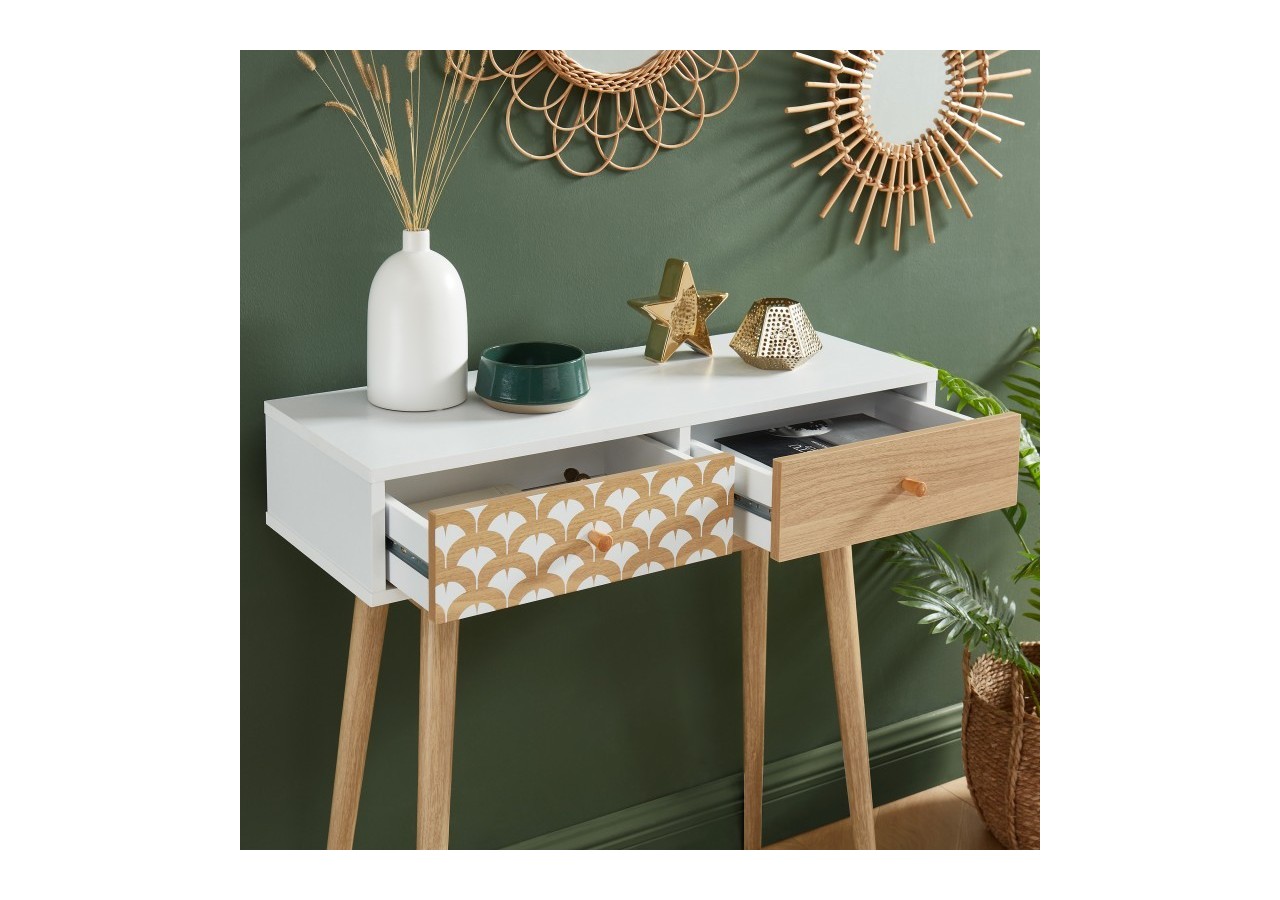 Console UTAH blanc et effet chêne 2 tiroirs 80cm
