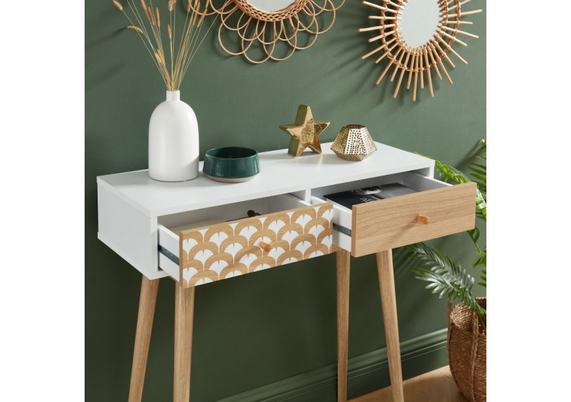 Console UTAH blanc et effet chêne 2 tiroirs 80cm
