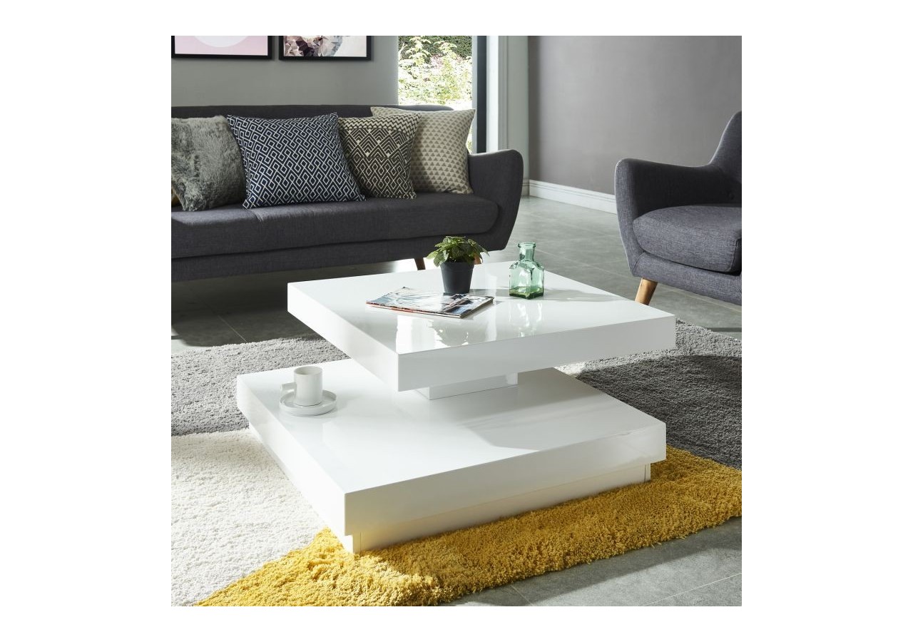 Table basse VEGAS laqué blanc brillant plateau pivotant