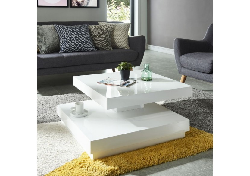 Table basse VEGAS laqué blanc brillant plateau pivotant