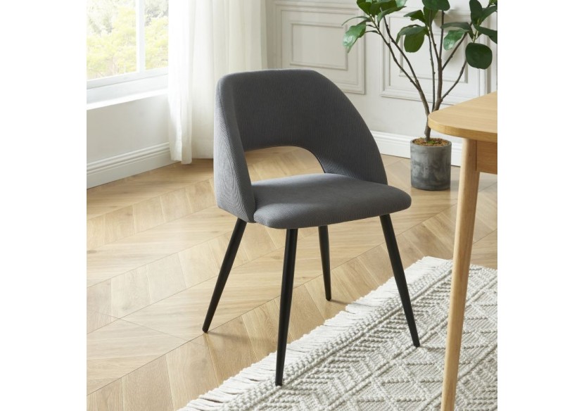 Lot de 2 chaises VINTAGE velours côtelé gris pieds métal noir