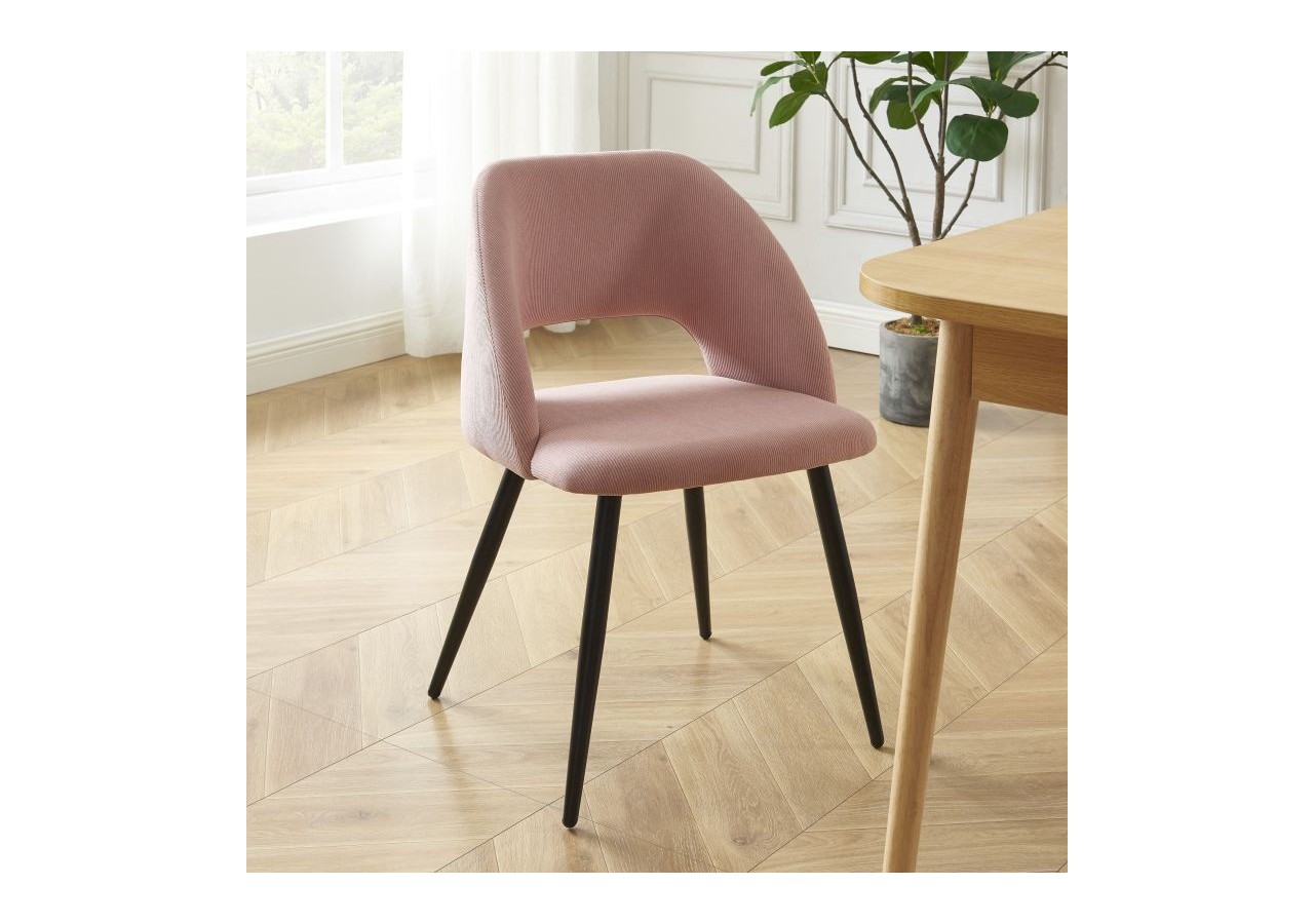 Lot de 2 chaises VINTAGE velours côtelé rose poudré pieds métal noir