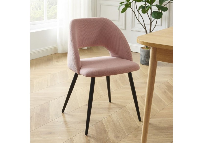 Lot de 2 chaises VINTAGE velours côtelé rose poudré pieds métal noir