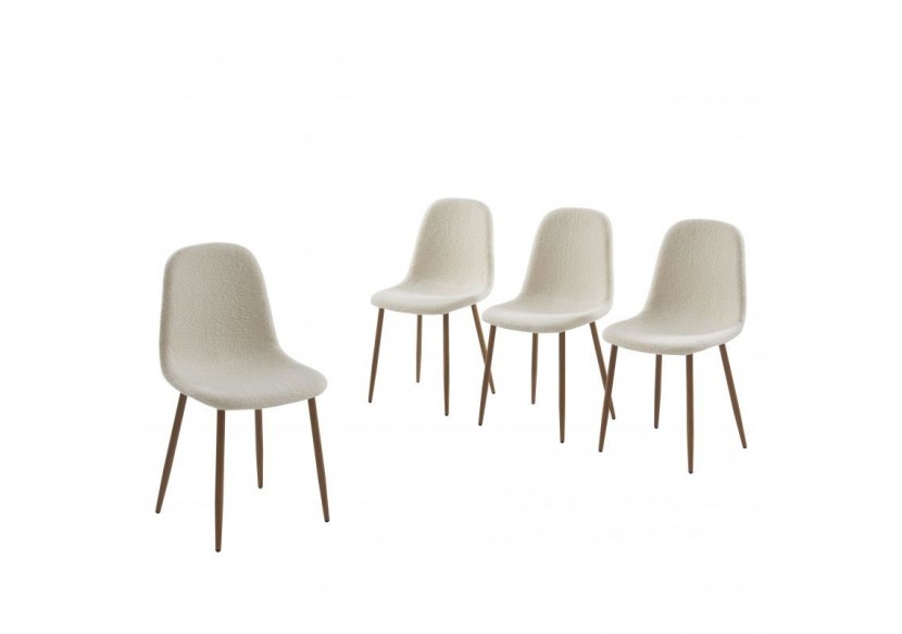 Lot de 4 chaises BIRGIT tissu bouclette écru pieds bois clair