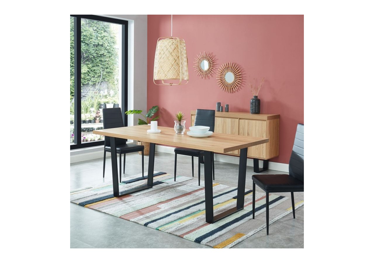 Table à manger FELIX effet chêne et métal noir 8 personnes