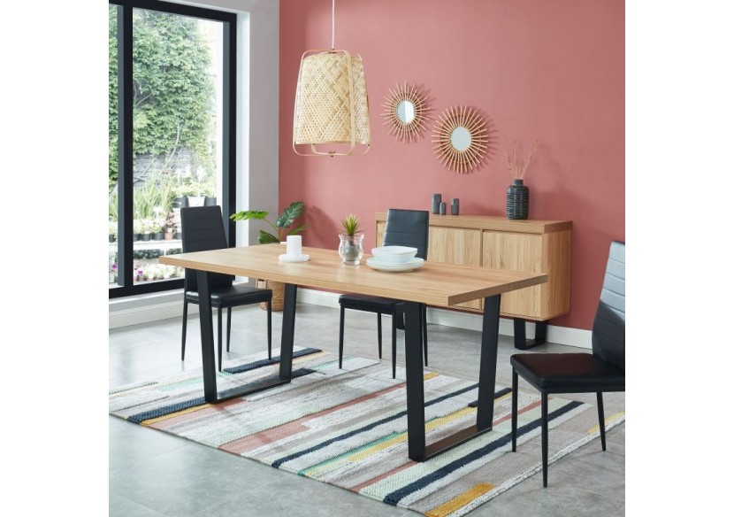 Table à manger FELIX effet chêne et métal noir 8 personnes