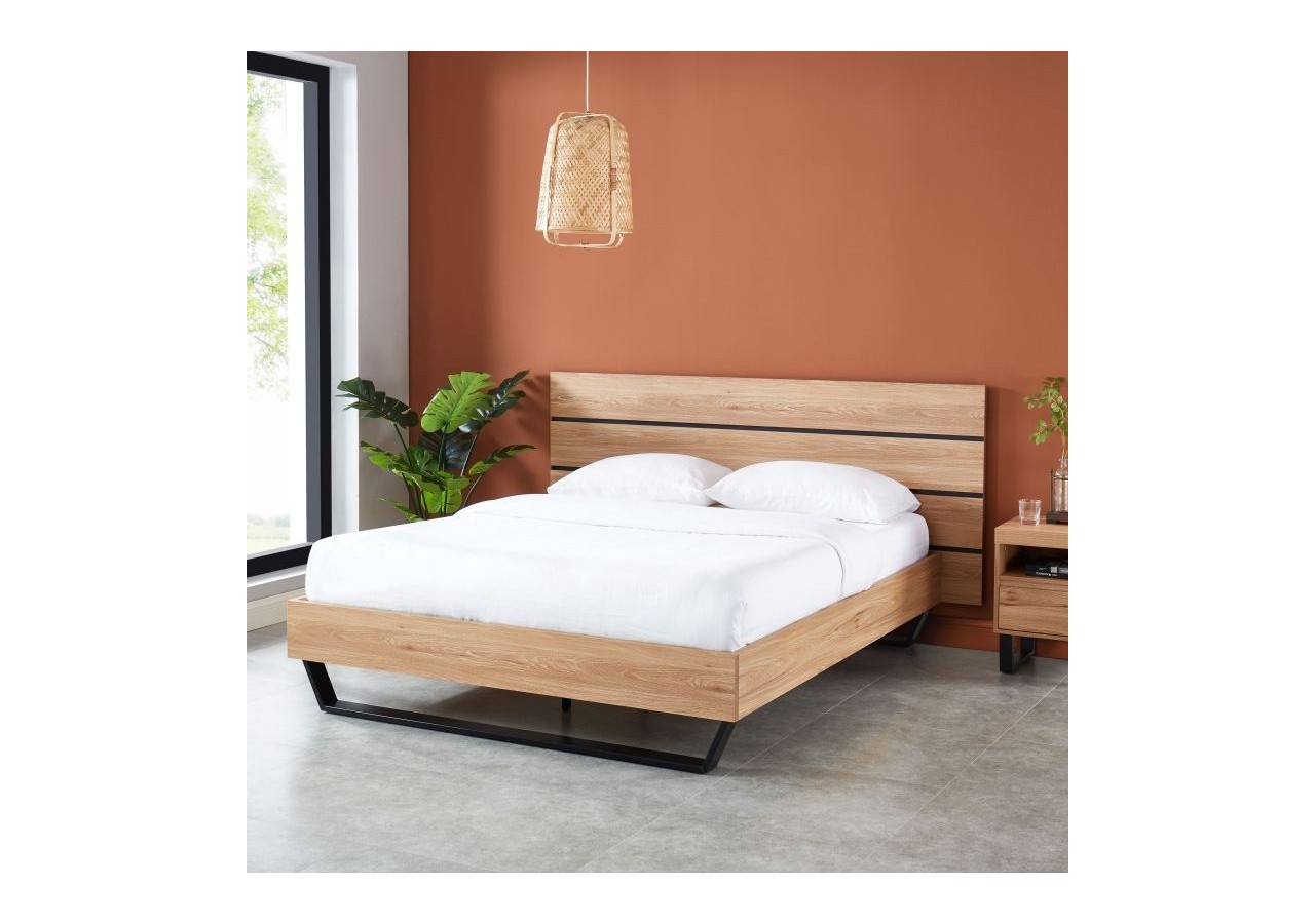 Lit FELIX effet chêne et métal noir 140x190 sommier inclus