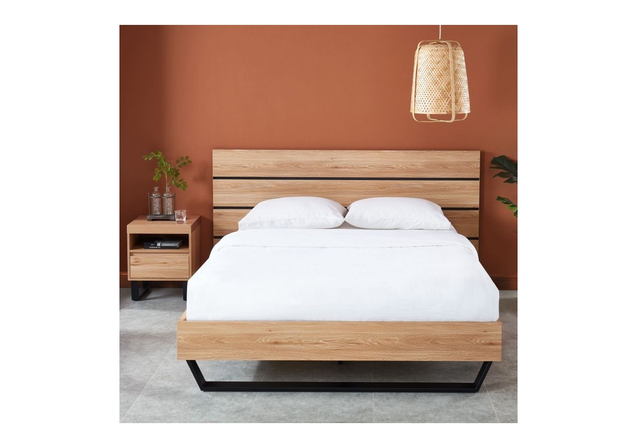 Lit FELIX effet chêne et métal noir 140x190 sommier inclus