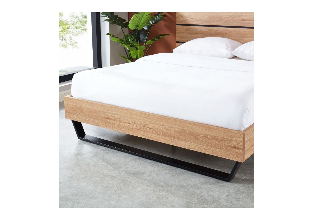 Lit FELIX effet chêne et métal noir 140x190 sommier inclus