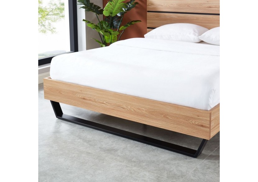 Lit FELIX effet chêne et métal noir 140x190 sommier inclus