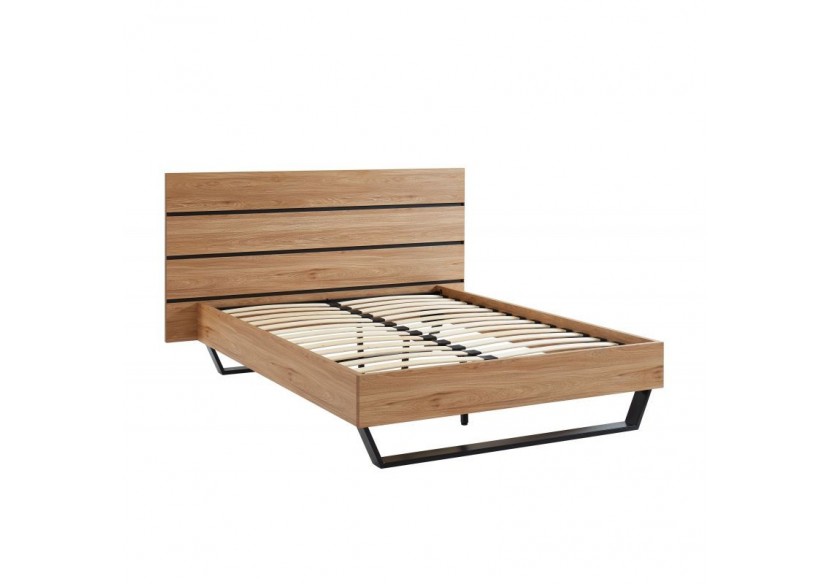 Lit FELIX effet chêne et métal noir 140x190 sommier inclus