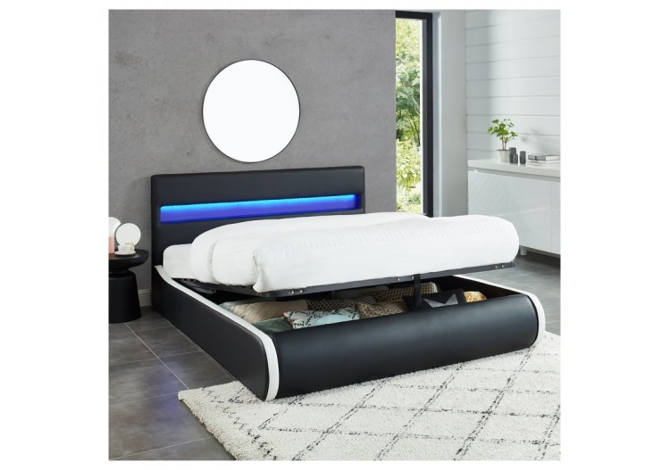 Lit coffre LUMINA avec LED simili noir 140x190 sommier inclus 2