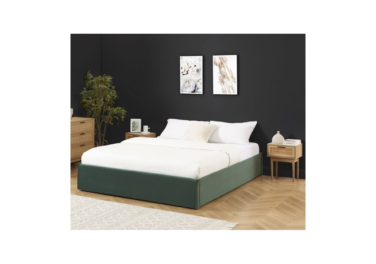 Lit coffre SAKURA velours vert forêt 160x200 sommier inclus