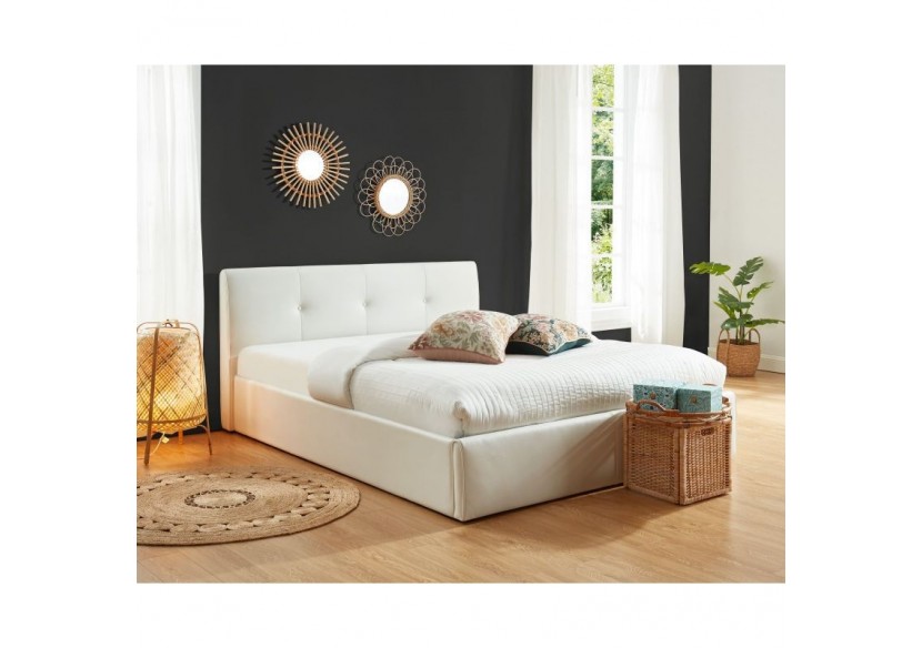 Lit coffre SEGURO simili blanc 140x190 sommier inclus