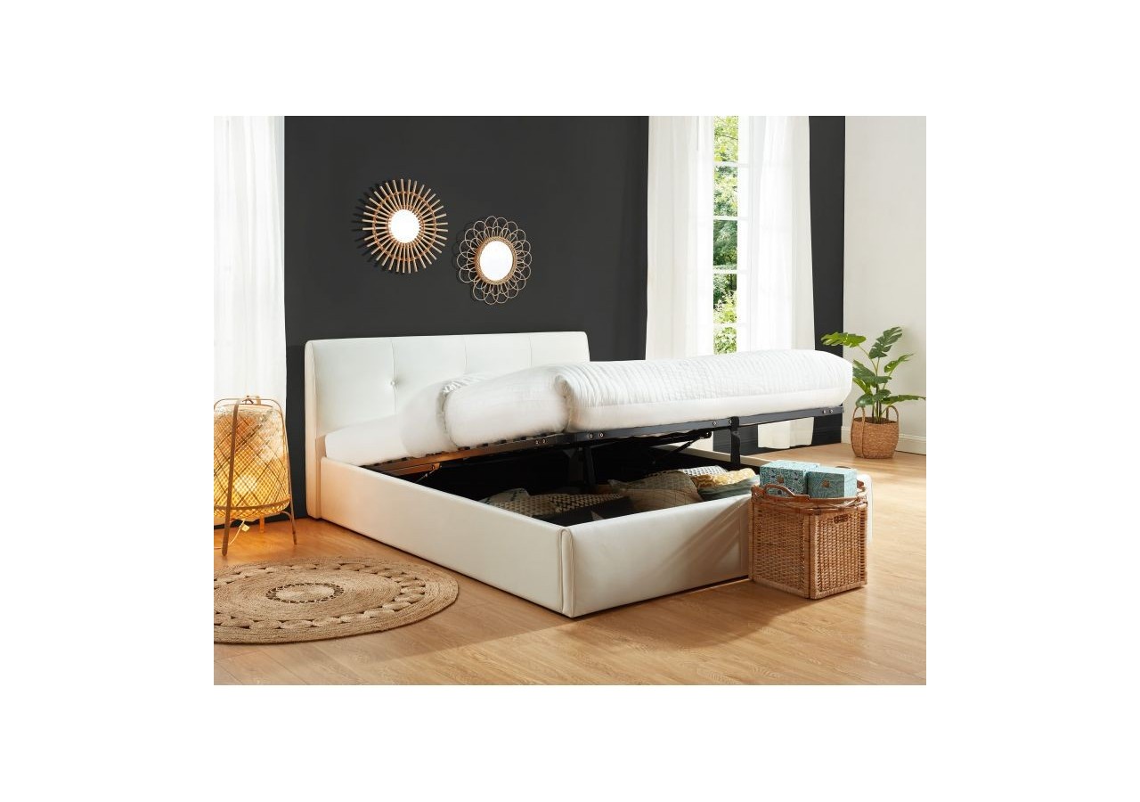 Lit coffre SEGURO simili blanc 140x190 sommier inclus