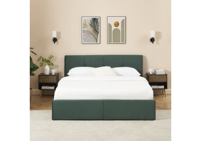 Lit coffre SEGURO velours vert forêt 160x200 sommier inclus
